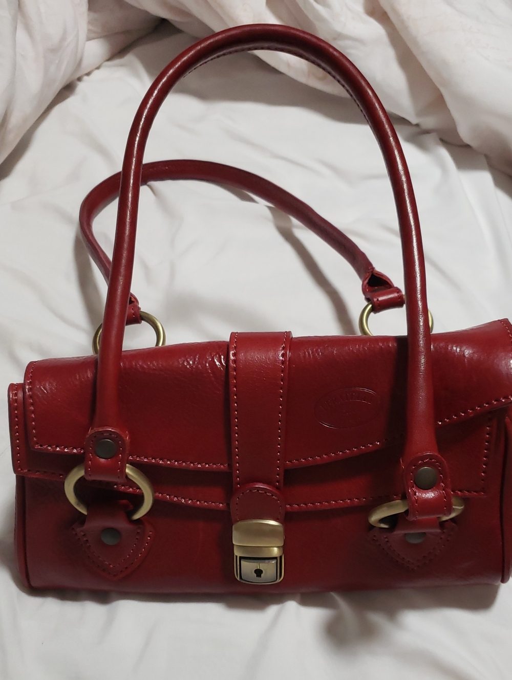 Italian Red Leather Shoulder Bag with Gold-Tone Buckle